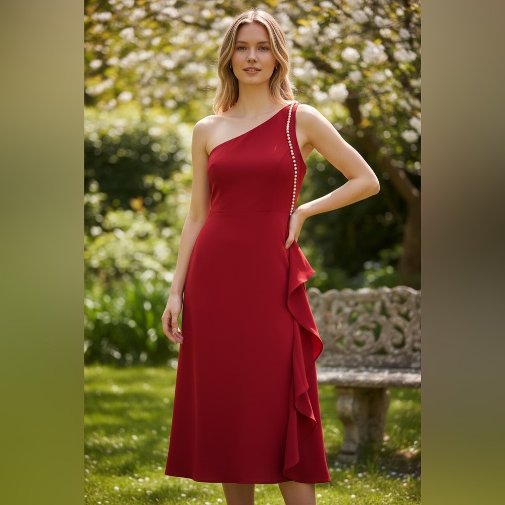 Gos Bold  Red Dress with Pearl Accent